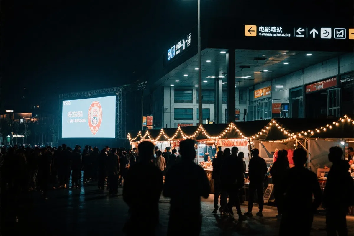 费城球迷广场夜景：大屏观赛人群、步行指示牌与公共交通入口